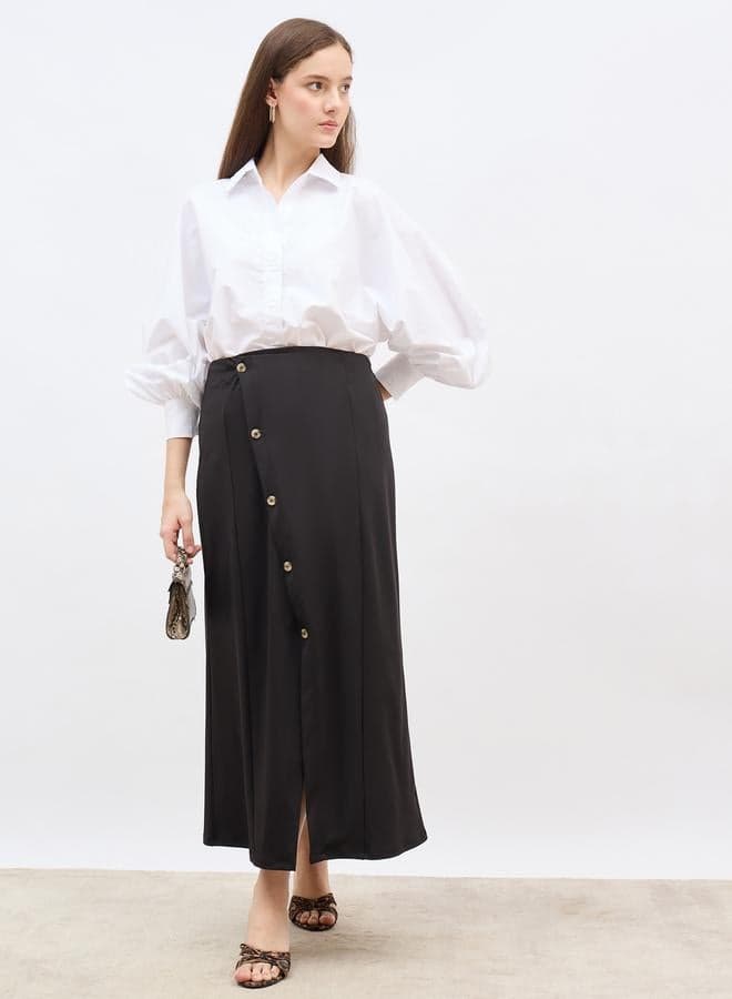 Black Wrap Front A-Line Maxi Skirt with Buttons - Image 1