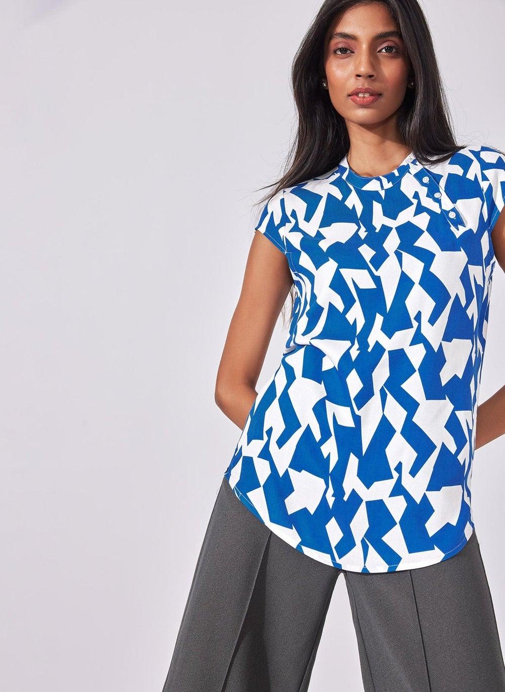 Blue & White Mosaic Graphic Sleeveless Top - Image 1