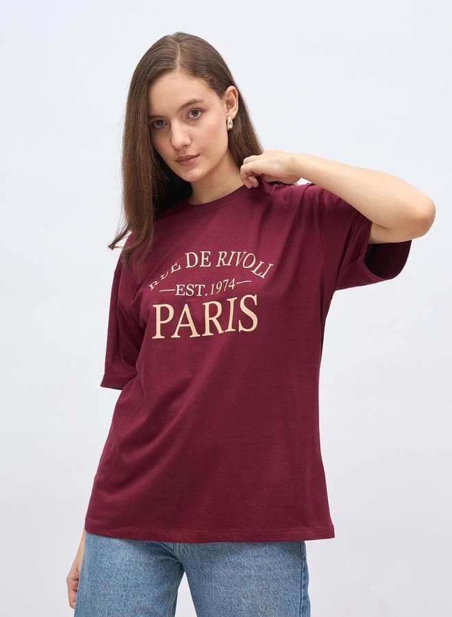 Red Slogan Print Oversized Dropped Shoulder T-Shirt - Image 1