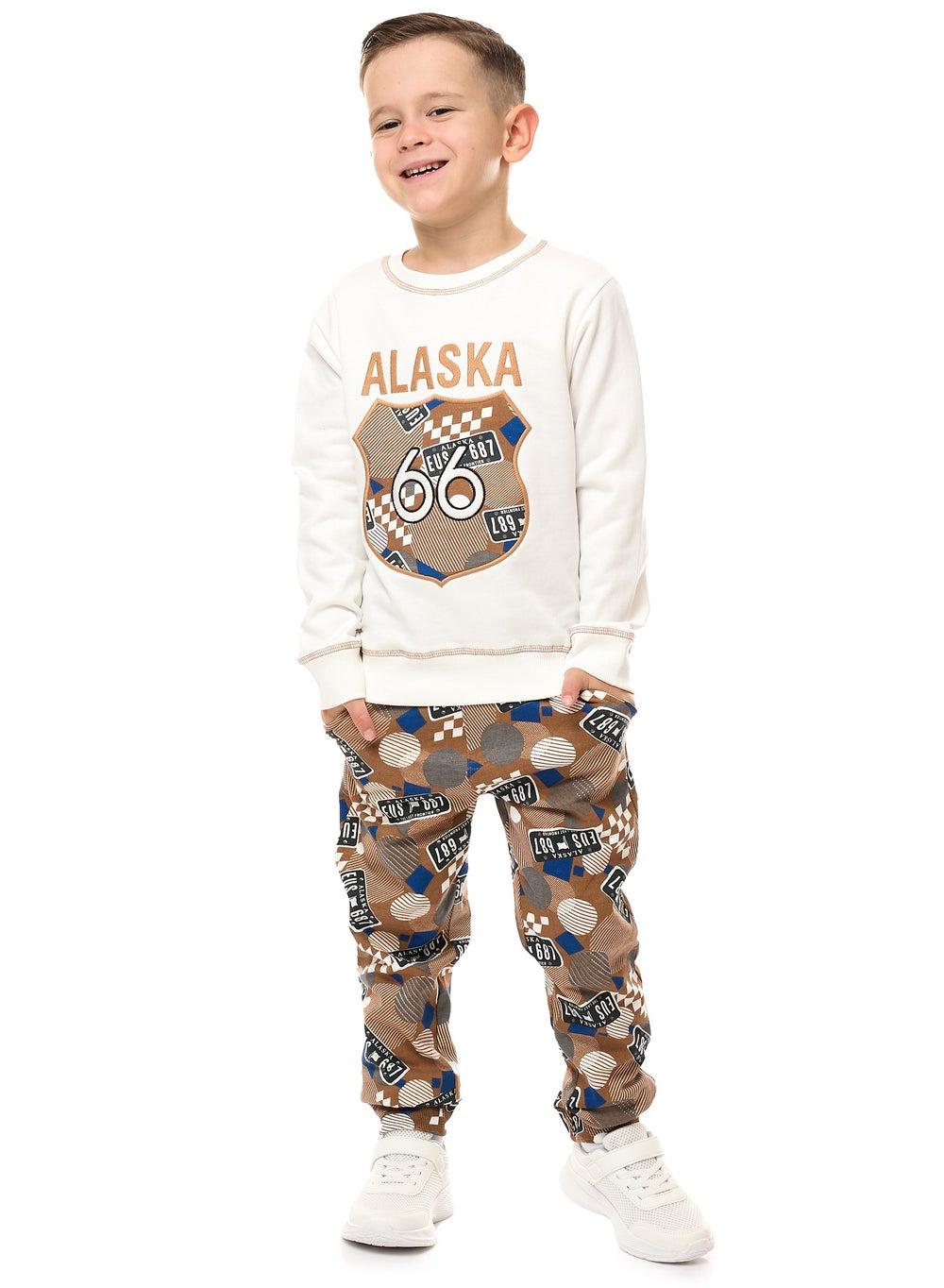 Boys Applique Sweatshirt & Printed Jogger Set Ivory Brown - Image 1