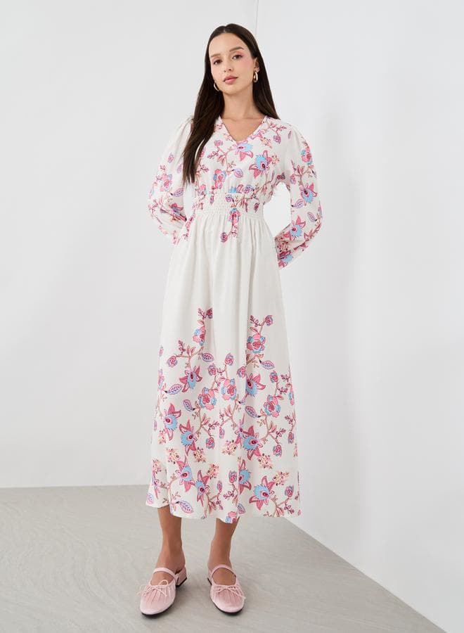 Floral Cotton Midi Dress – V-Neck Fit & Flare - Image 1