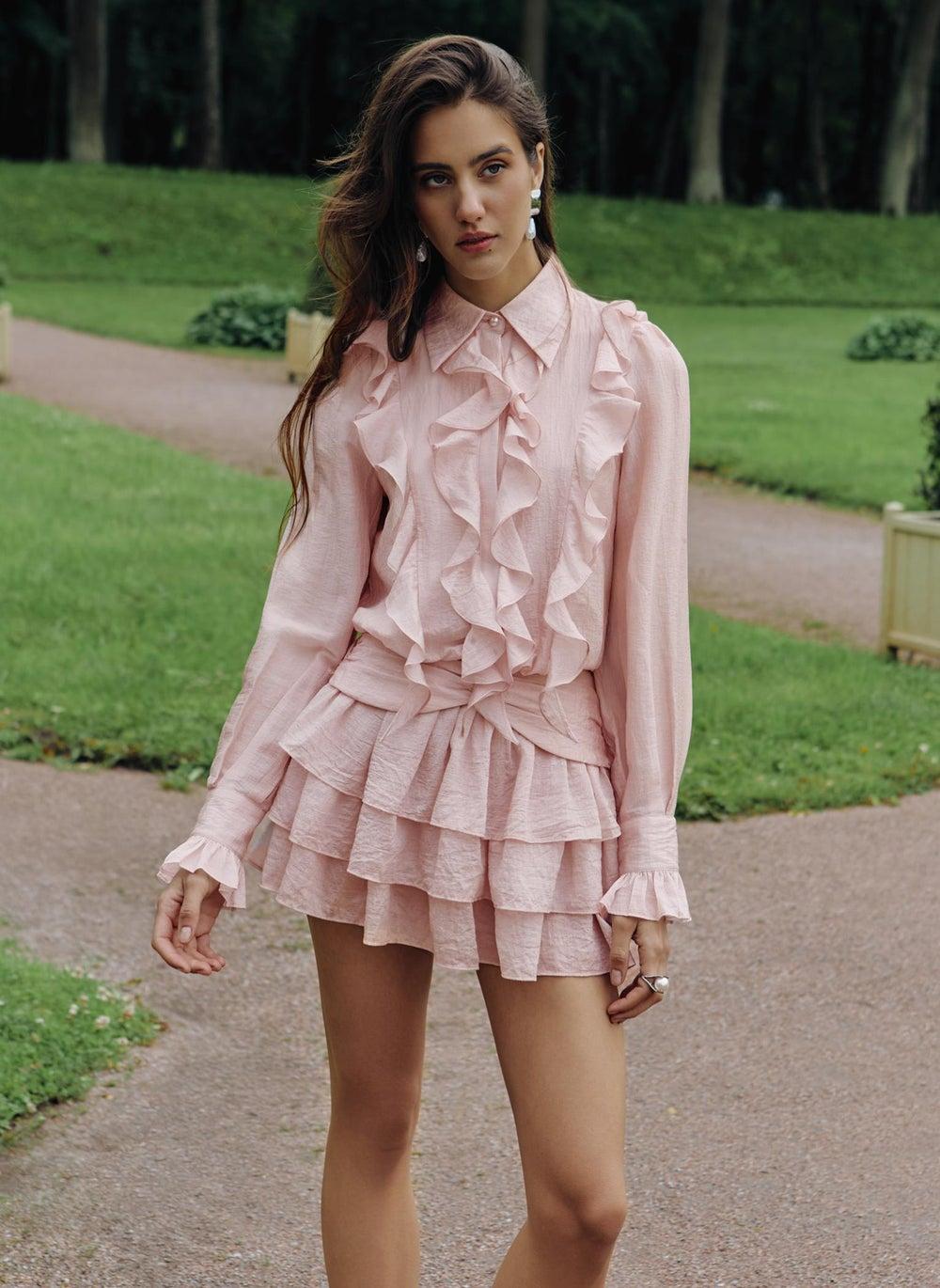 Textured Pink Mini Dress with Ruffled Bodice Detail - Image 1