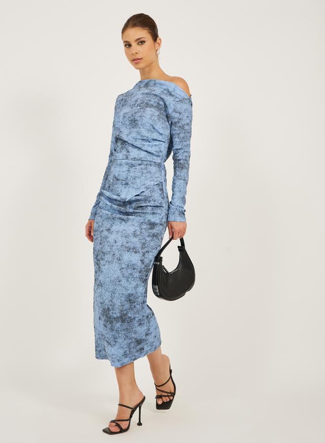 Styli 7011772703 Blue One-Shoulder Printed Midi Dress - Image 1