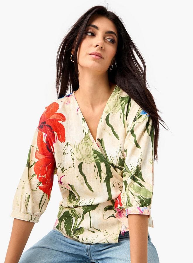 Iconic Floral Wrap Top with Tie-Up Detail - Image 1