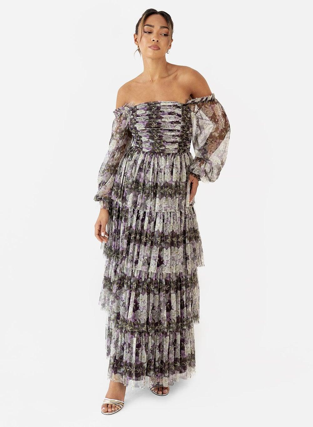 Purple Floral Mesh Ruffle Off-Shoulder Maxi Dress Pl4 3484 - Image 1