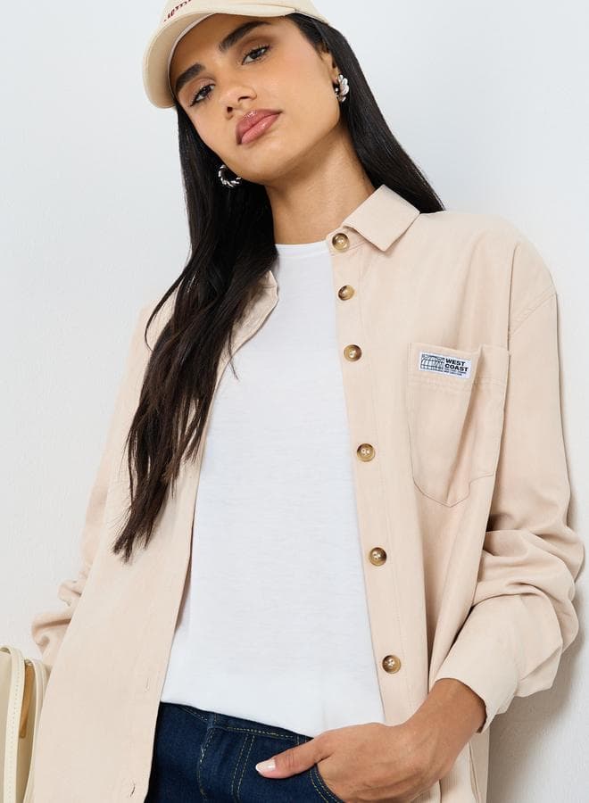Styli Beige Oversized Shirt with Signature Badge Detail - Image 1