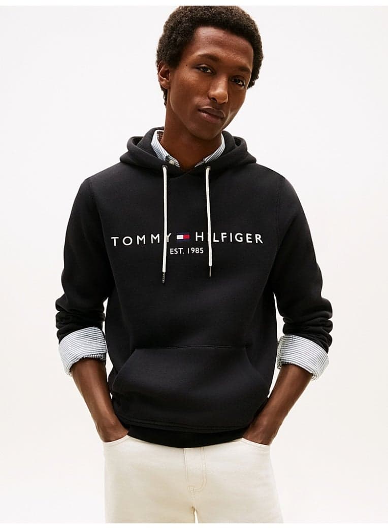 Tommy Logo Flex Fleece Pullover Hoodie Black - Image 1