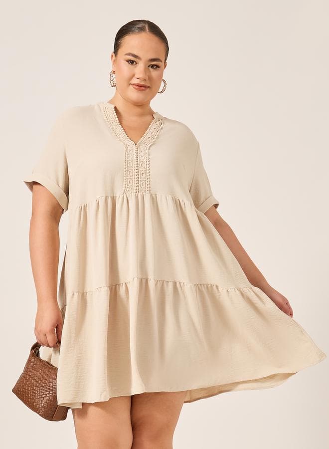 Beige Tiered Crochet Mini Dress 7012584011 - Image 1