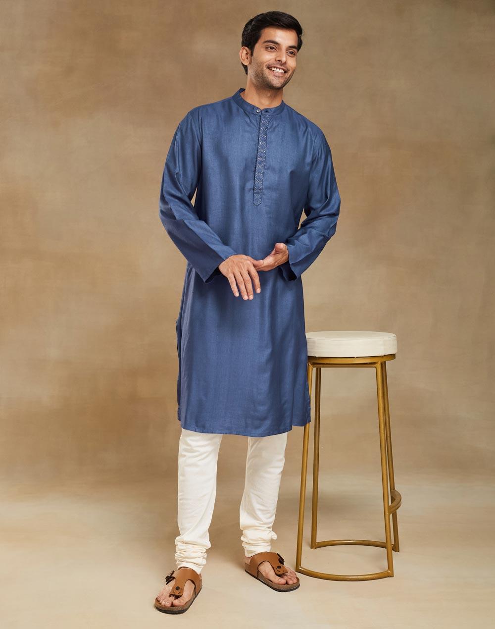 Blue Viscose Silk Woven Long Kurta - Image 1