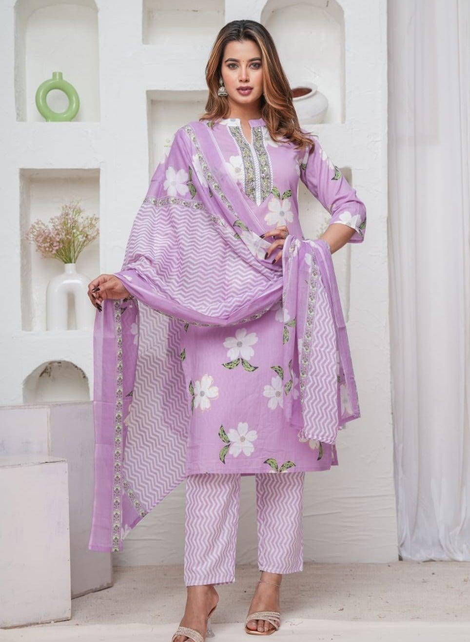 Lavender Blossom Cotton Kurta Set with Dupatta - Image 1