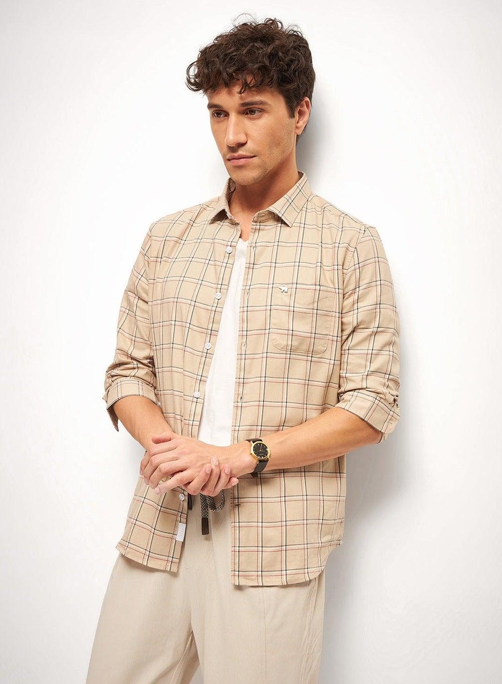 Men’s Cotton Checkered Shirt Slim Fit Long Sleeve Beige - Image 1