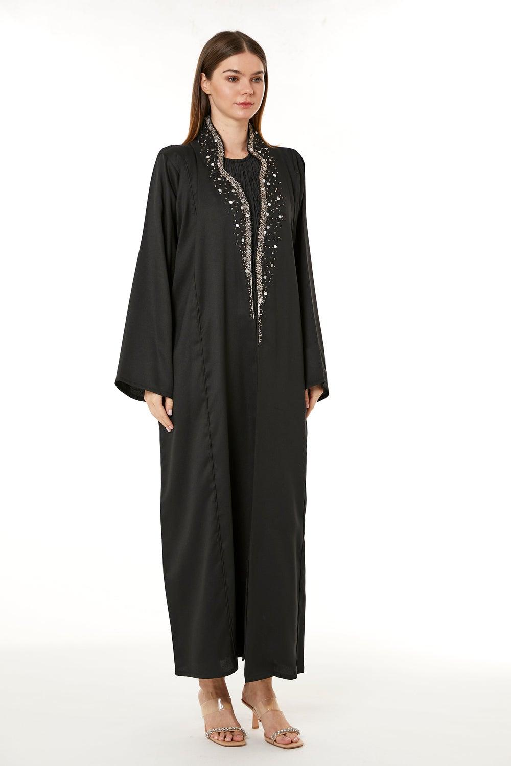 Black Embellished Flared Sleeve Evening Abaya - Image 1