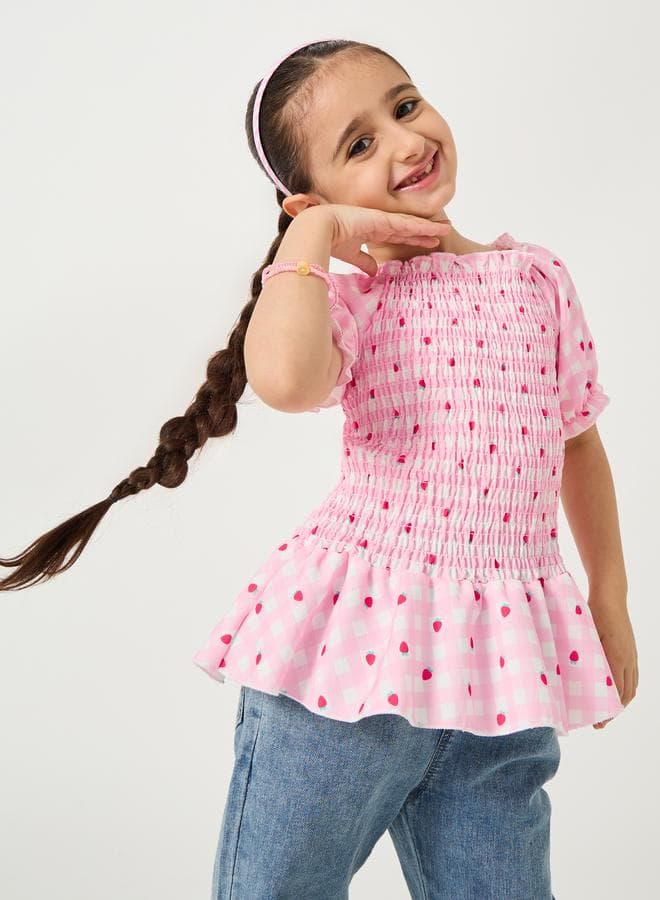 Pink Smocked Puff Sleeve Ruffled Hem Blouse - Image 1