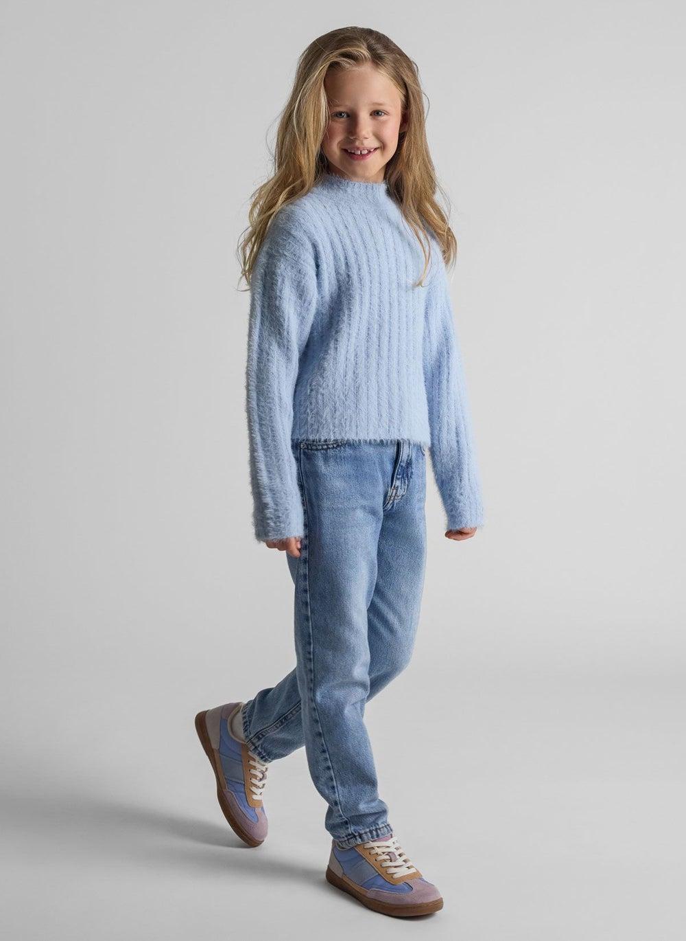Girls Soft Fluffy Blue High Neck Jumper - Image 1
