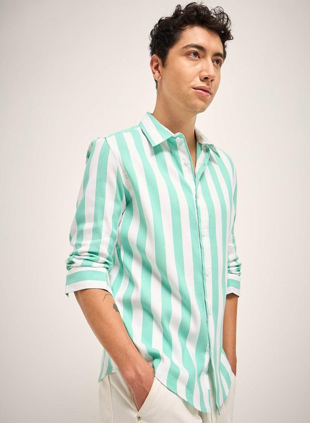 Men’s Green Striped Cotton Blend Shirt – Slim Fit Classic - Image 1