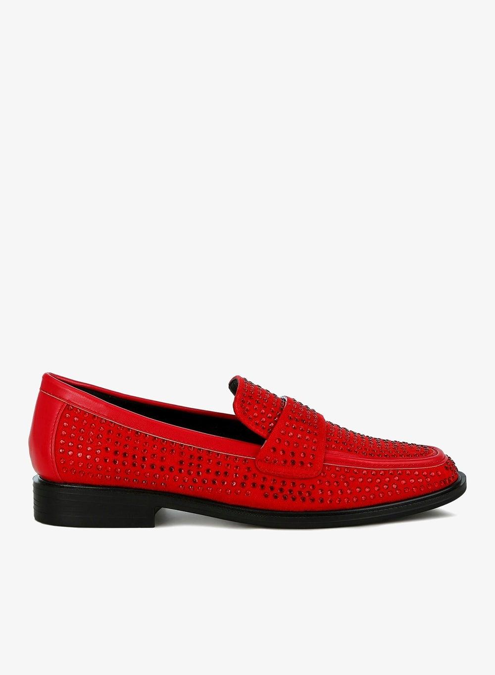 Red Rhinestone Micro Suede Loafers Sh4853 - Image 1