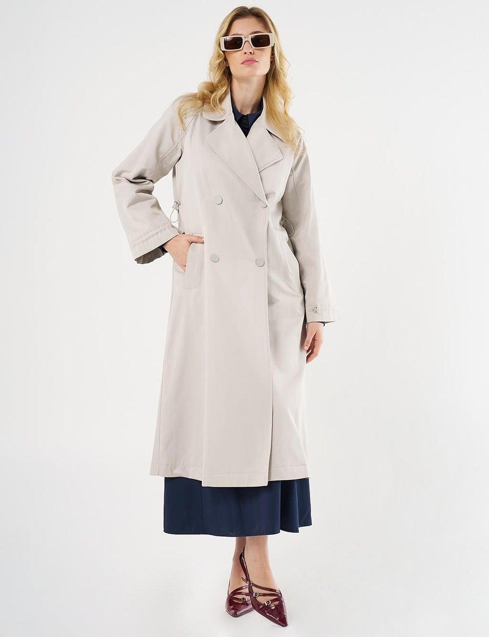 Stone Double-Breasted Trench Coat with Elasticated Cuffs - Image 1