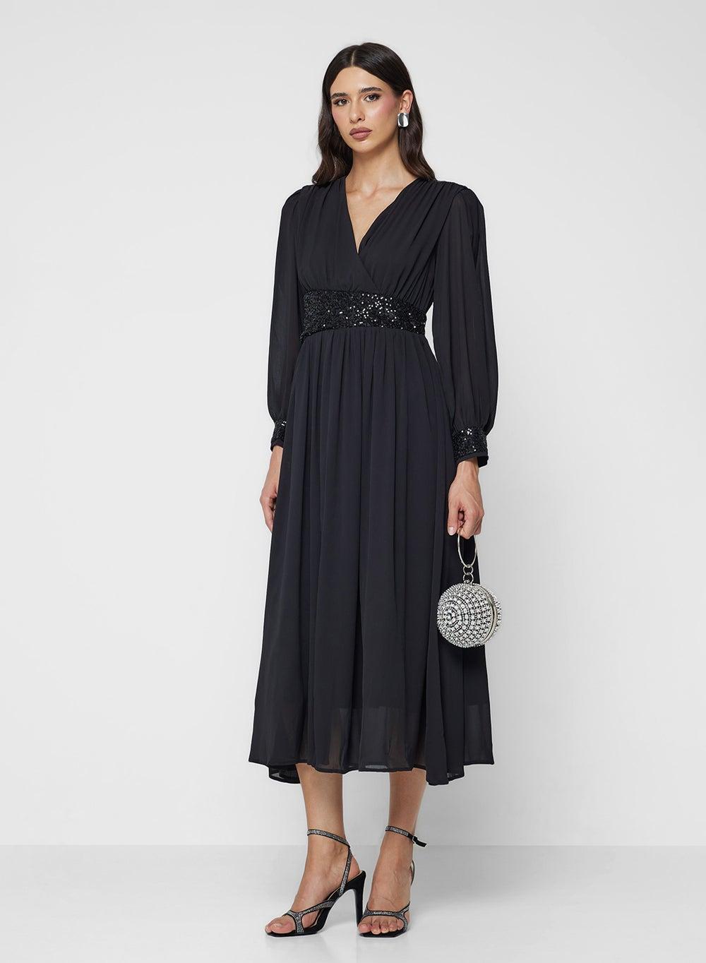 A-Line Black Midi Dress Vt6501 with Shimmer Waist - Image 1