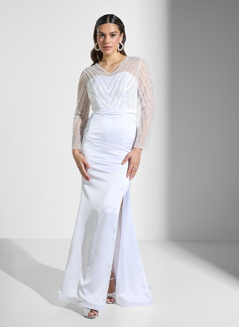White Beaded Bodice Maxi Gown with Sheer Sleeves - Image 1