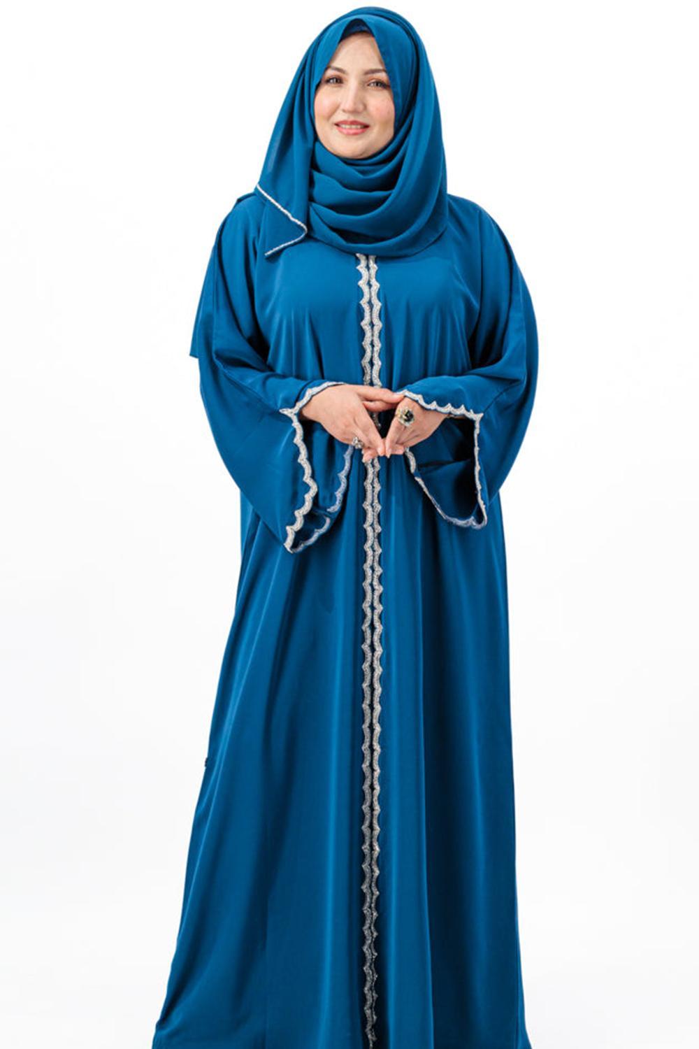 Teal Scalloped Edge Abaya with Crystal Detailing - Image 1