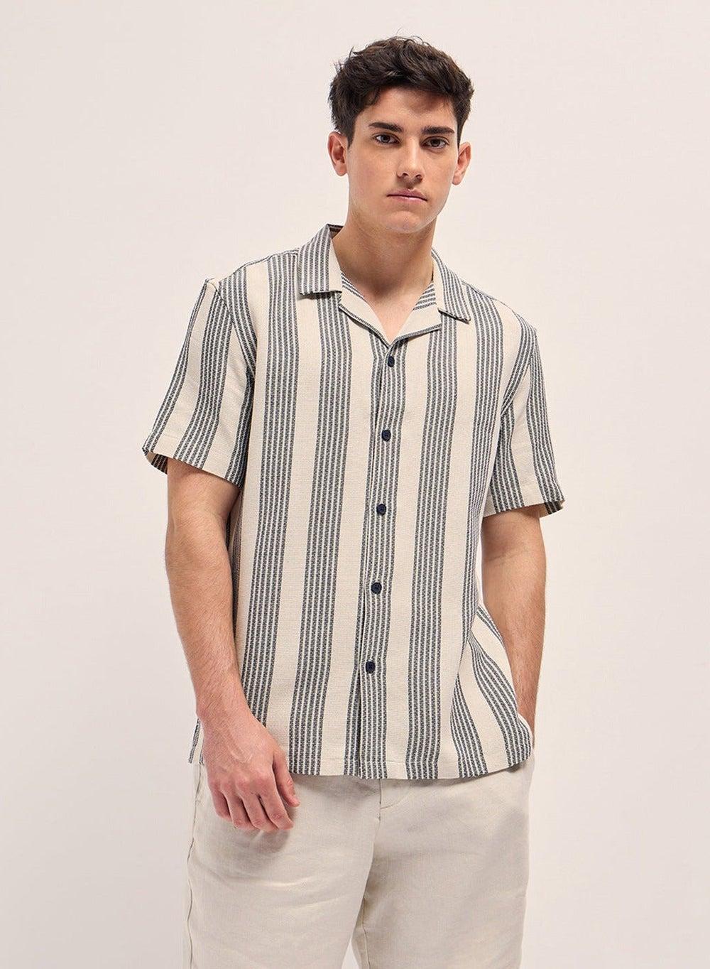 Men’s Cream Striped Cotton Shirt – Slim Short Sleeve - Image 1