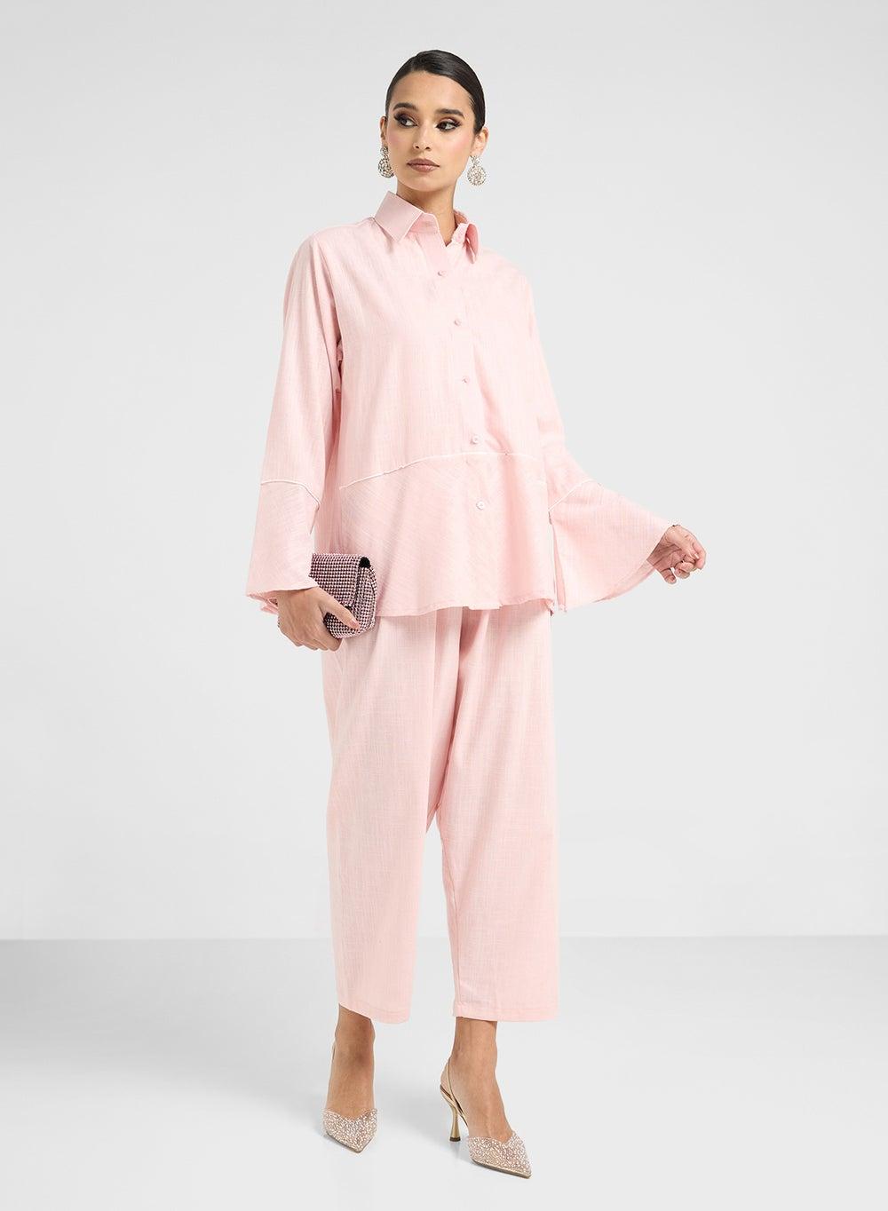 SS25TW026 Elegant Pink Button-Down Blouse & Pants Set - Image 1