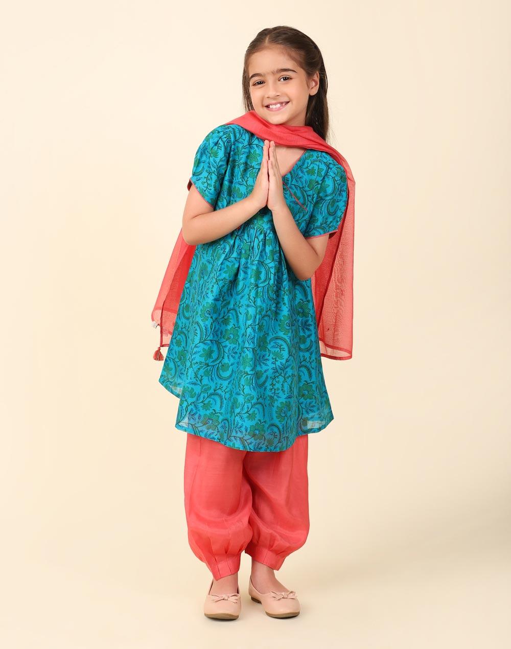 Teal Cotton Silk Hand Block Printed Salwar Set - Image 1