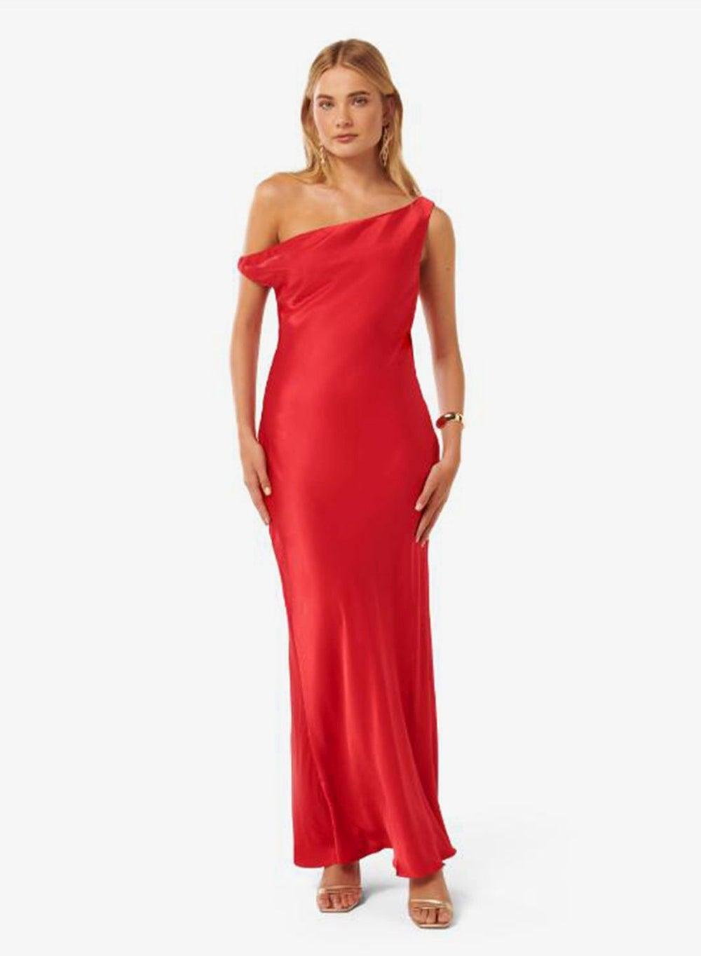 Blake One-Shoulder Red Satin Maxi Dress - Image 1