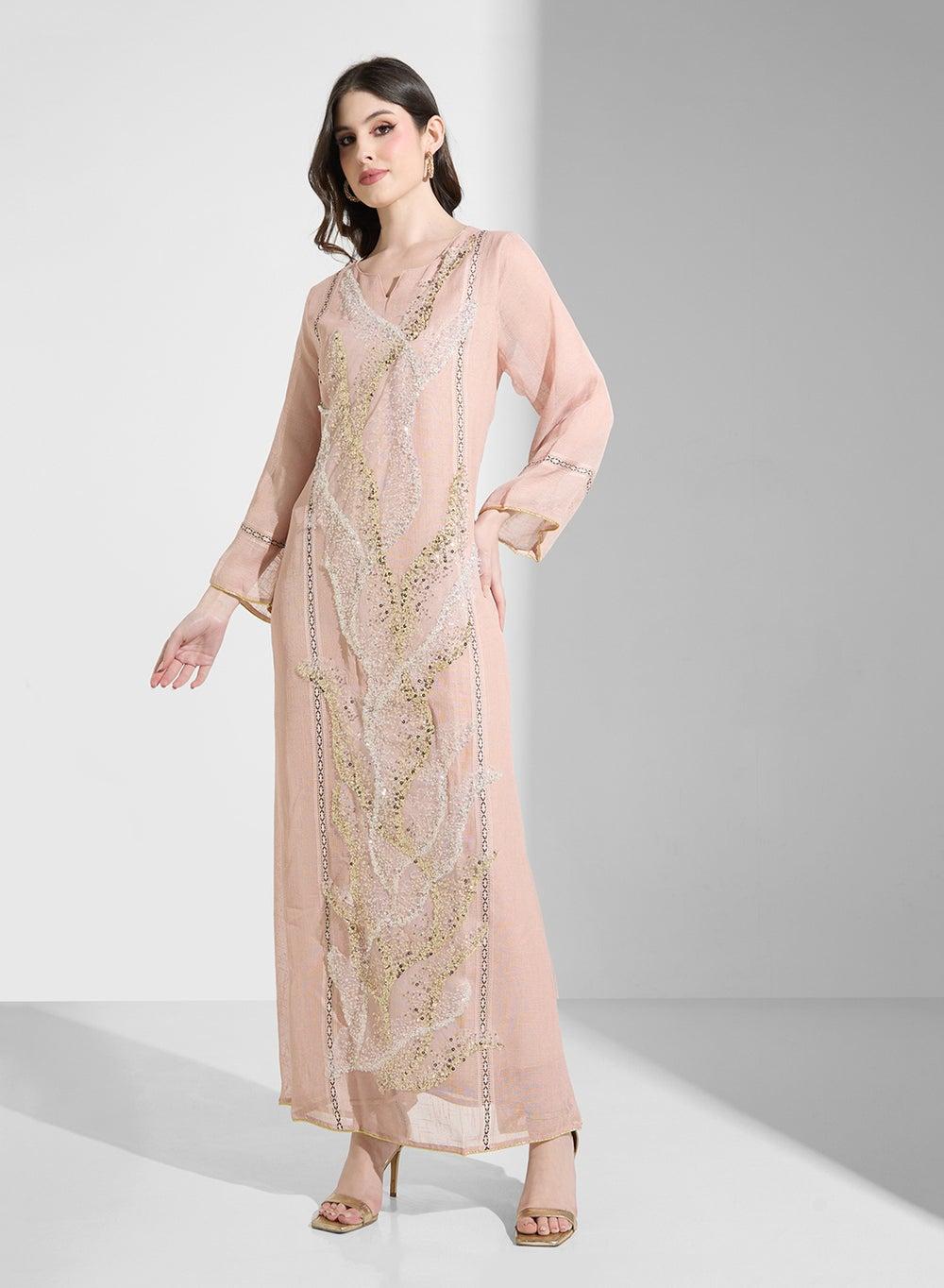 Embellished Jalabiya AB295 Pink Casual Elegance - Image 1