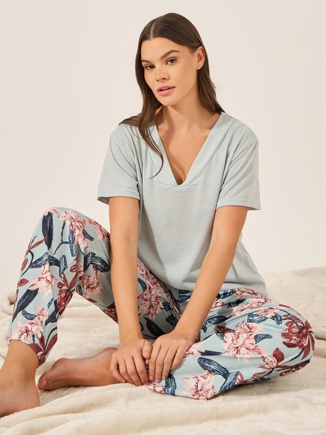 Unwind V-Neck Floral Blue Pajama Set - Image 1