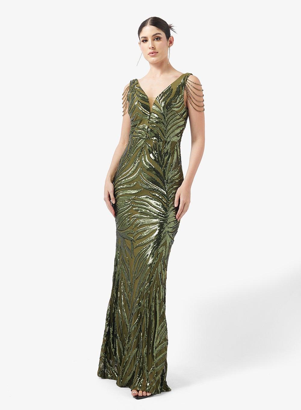 Olive Sequin V Neck Fishtail Maxi Dress D35837D1A - Image 1