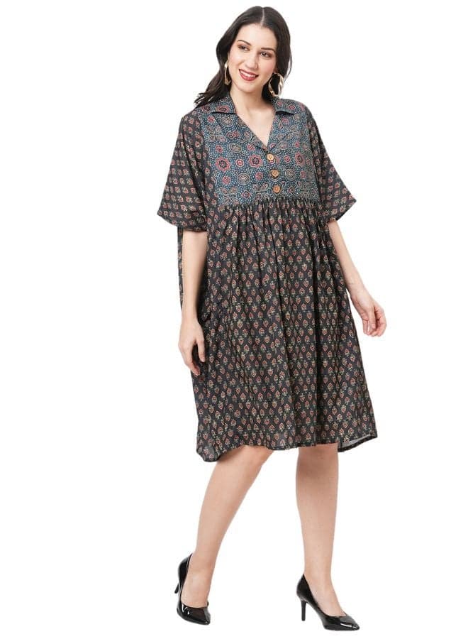 Black Floral Midi Shirt Dress – 3-Button Collar - Image 1