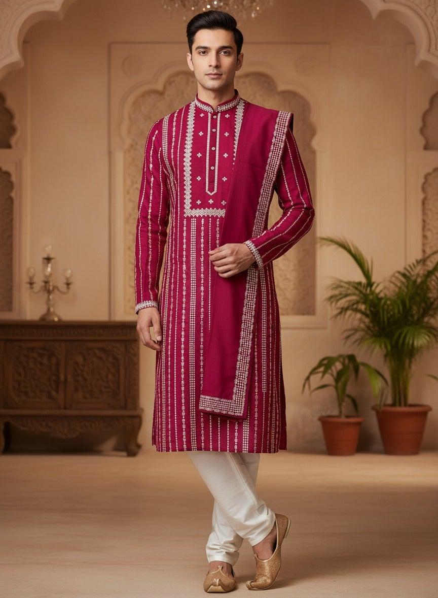 Deep Maroon Mirror Embroidered Kurta Set with Dupatta - Image 1
