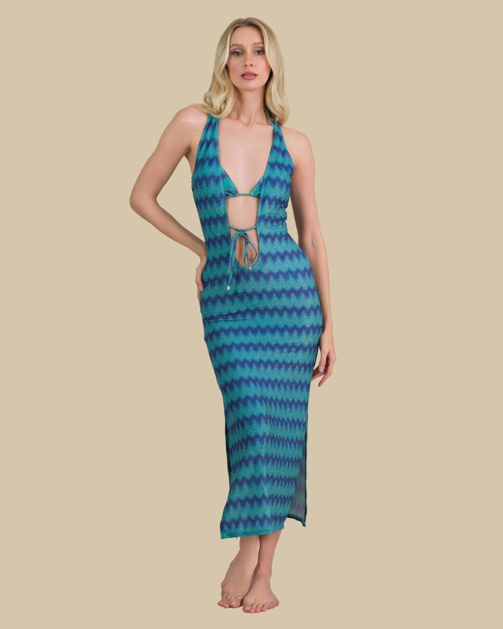 Isla & Evie Metallic Zig Zag Front Tie Midi Dress - Image 1