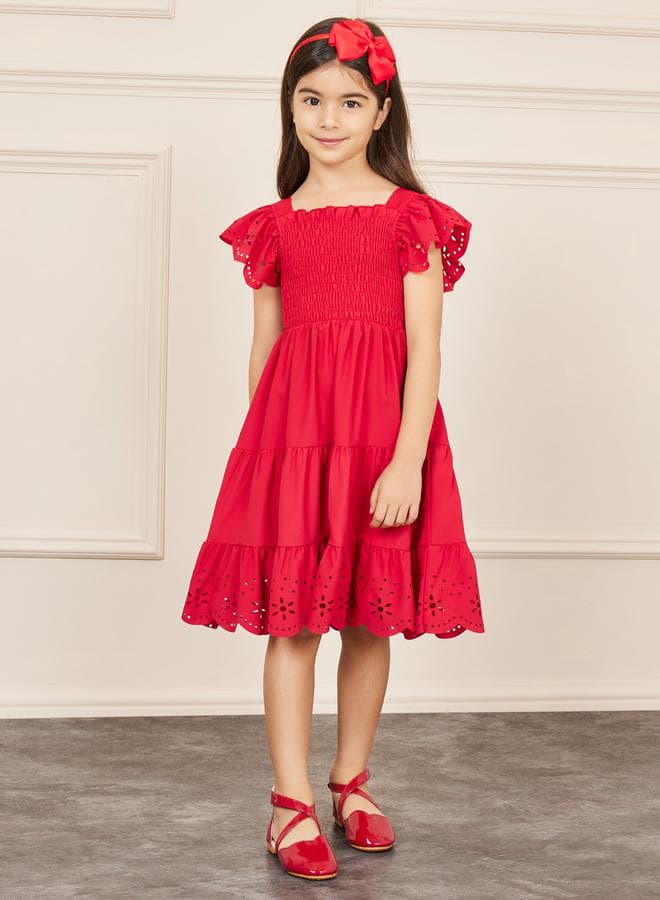 Bright Red Eyelet Ruffle Midi Dress 2110999330 - Image 1
