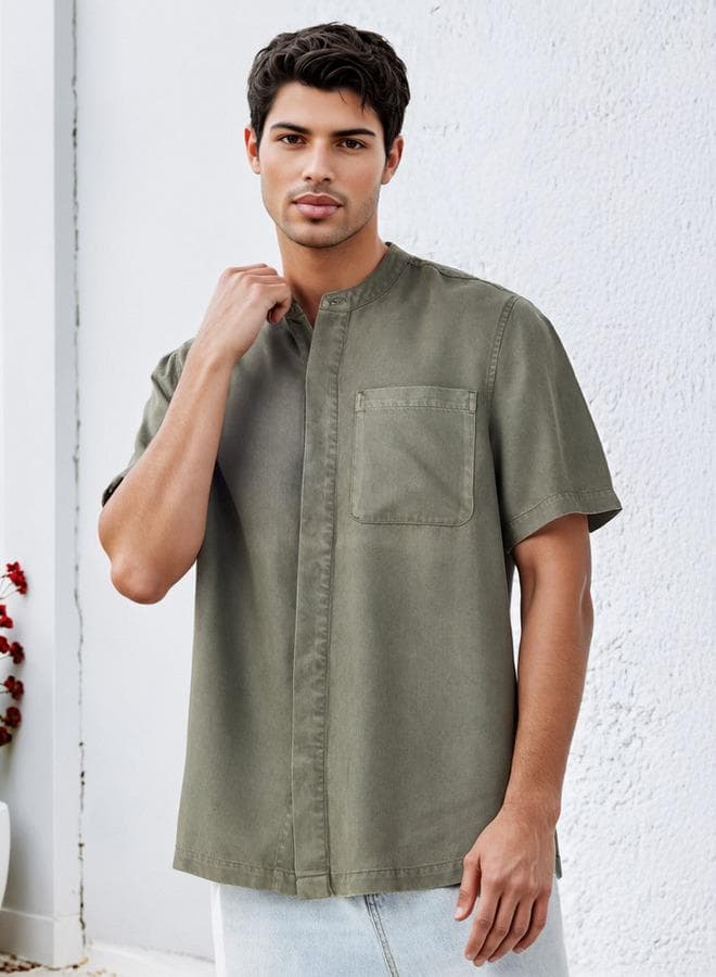 Lee Cooper Green Tencel Mandarin Collar Shirt - Image 1