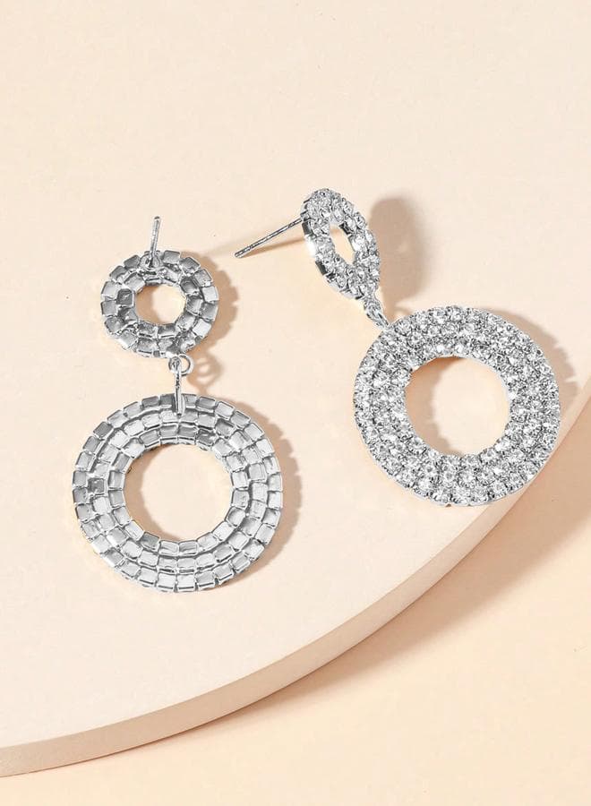 Embellished Double-Circle Silver Hoop Earrings - Image 1