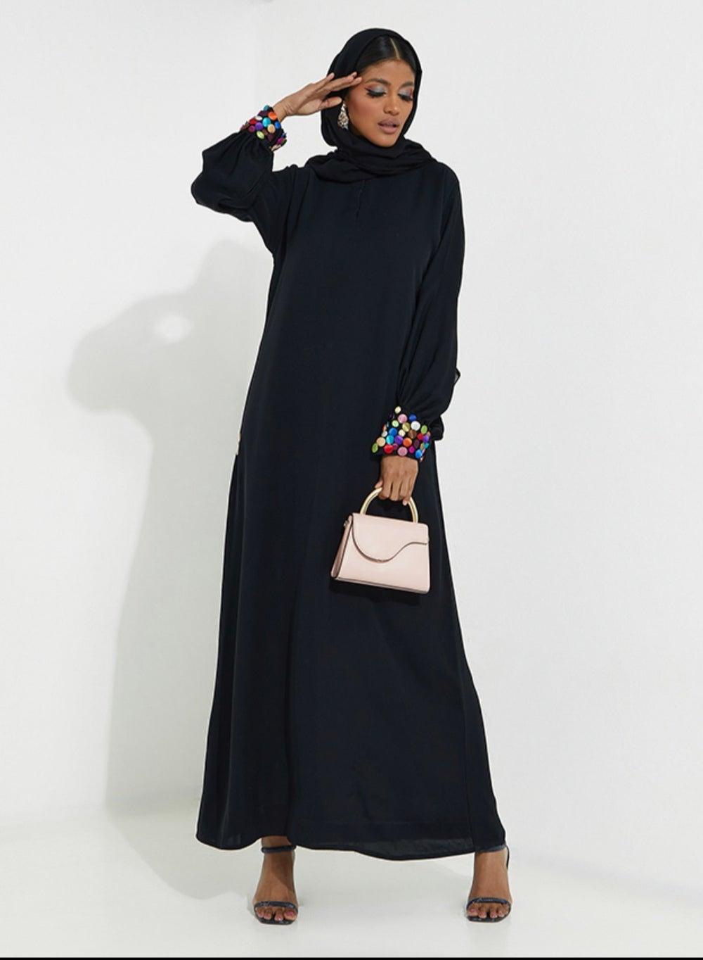 Black Abaya with Sleeve Color Button Accents - Image 1