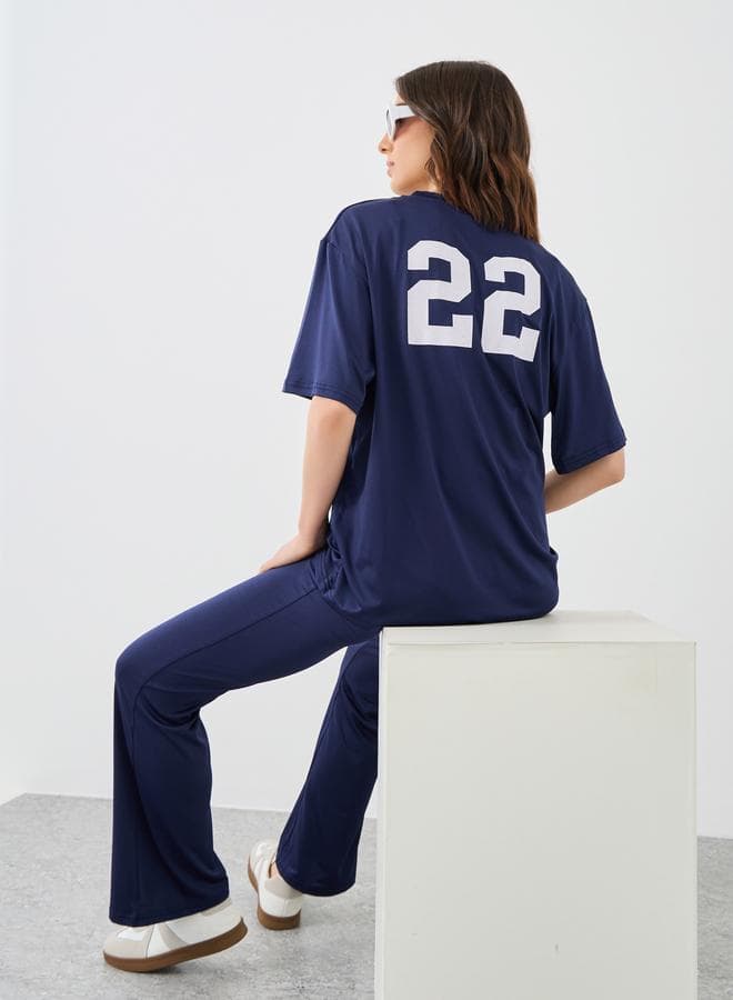 Dark Blue Number Print Co-Ord Set with Flared Leggings - Image 1