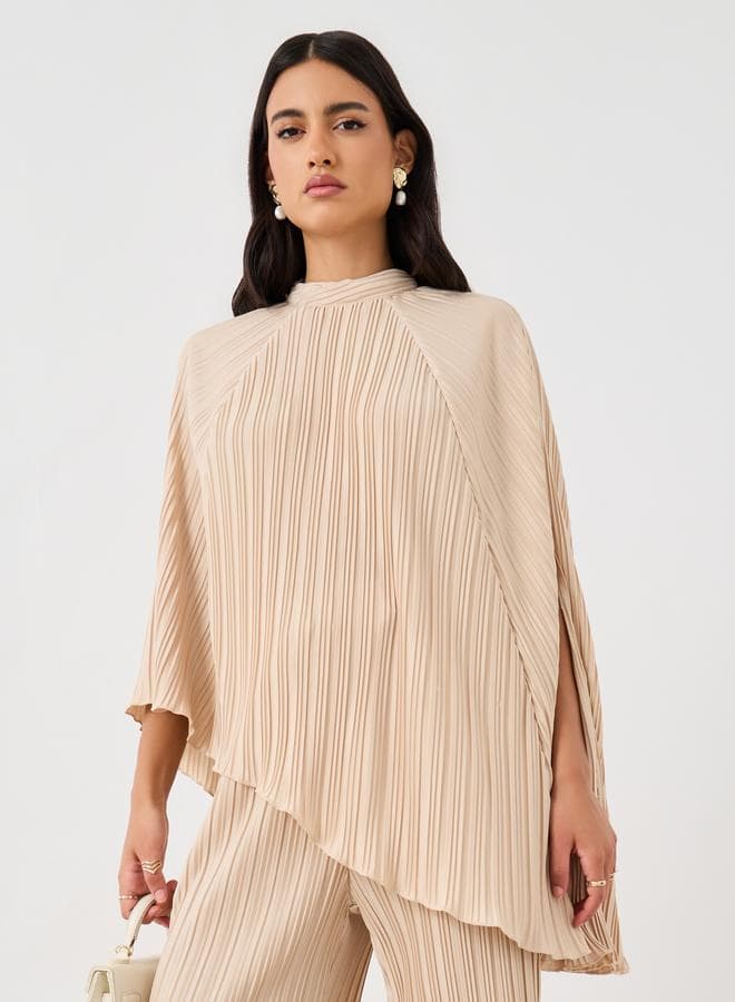 Styli High Neck Plissé Asymmetric Hem Blouse - Image 1