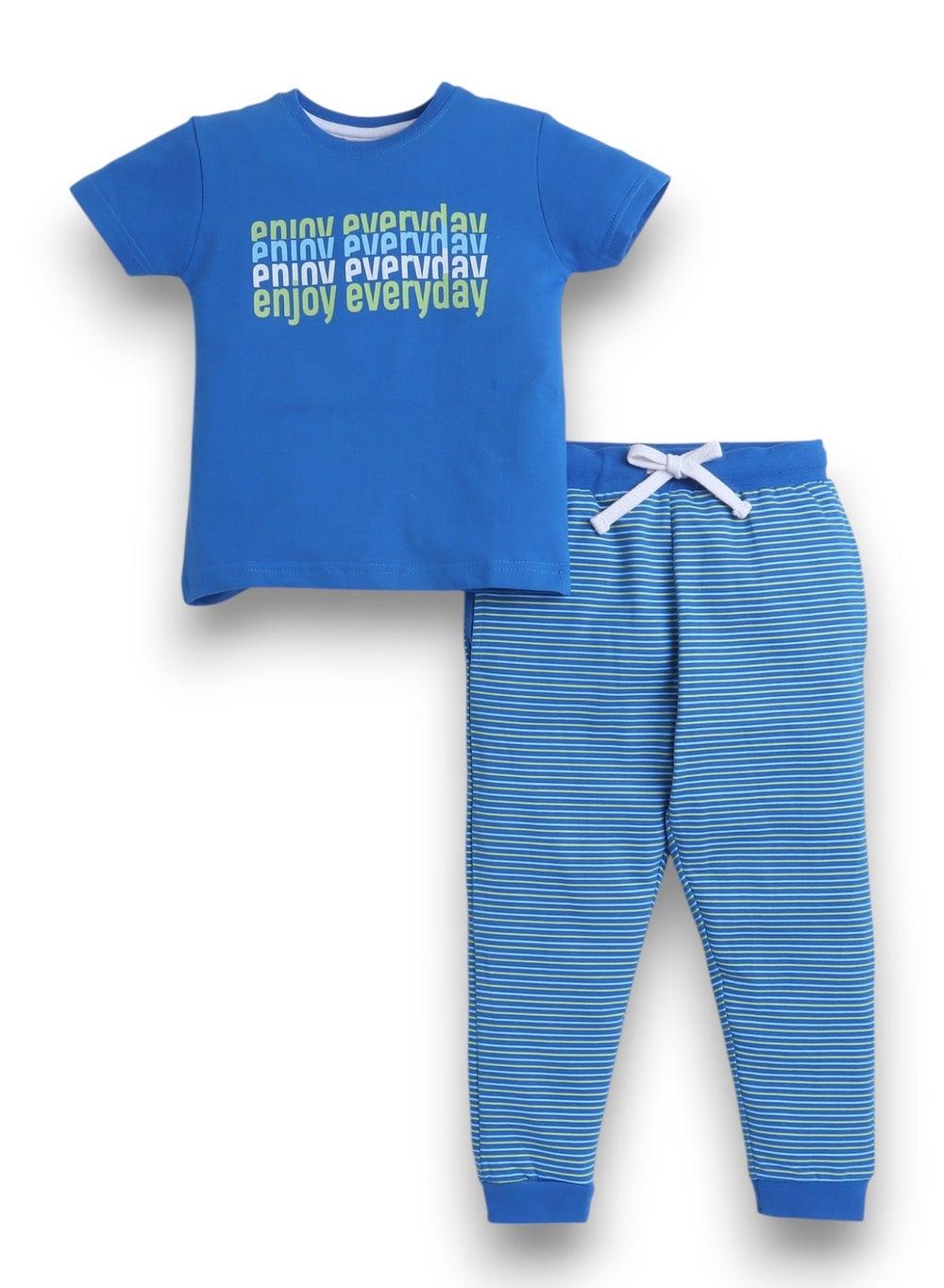 Victor and Jane Boys Printed T‑Shirt Stripe Pyjama Set - Image 1
