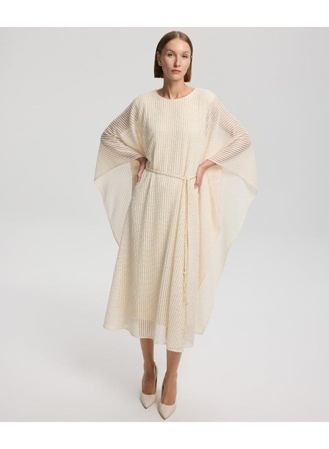 Cream Textured Belted Midi Dress with Voluminous Sleeves - Image 1