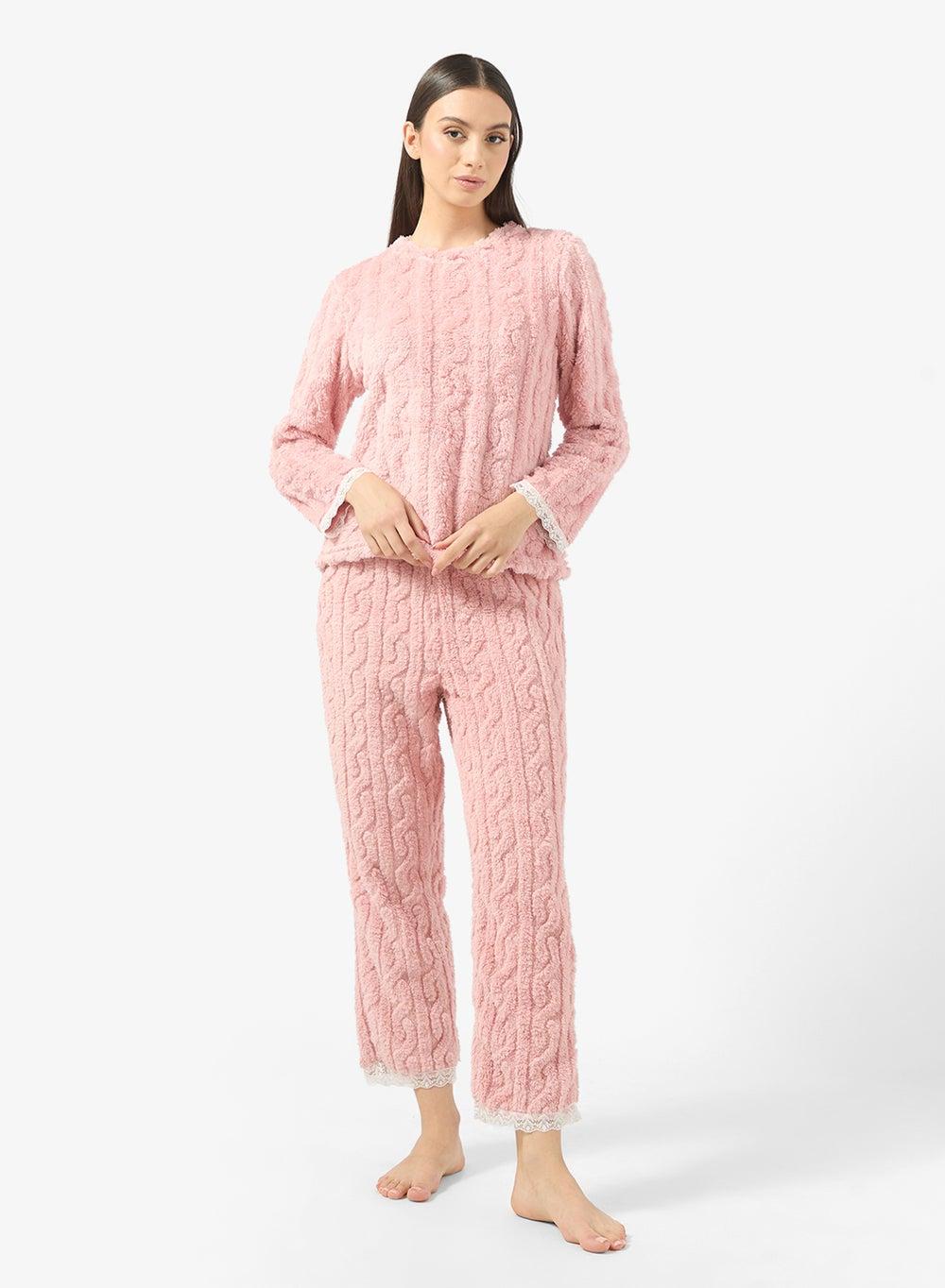 Pink Cable Knit Top & Long Pyjama Set A25N555 - Image 1