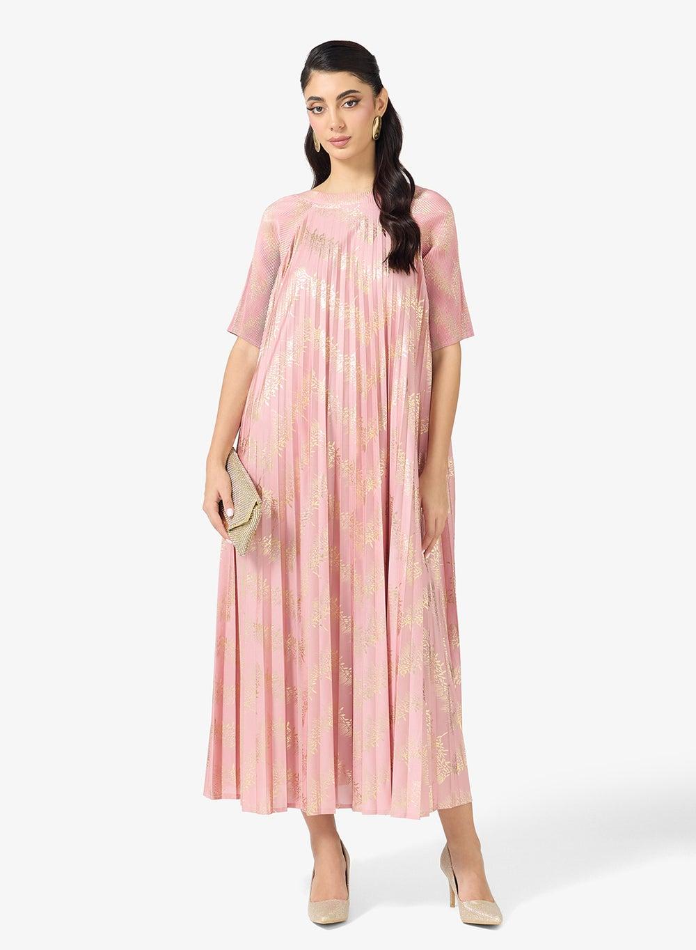 Clt256134 Light Pink Foil Pleated Midi Dress - Image 1