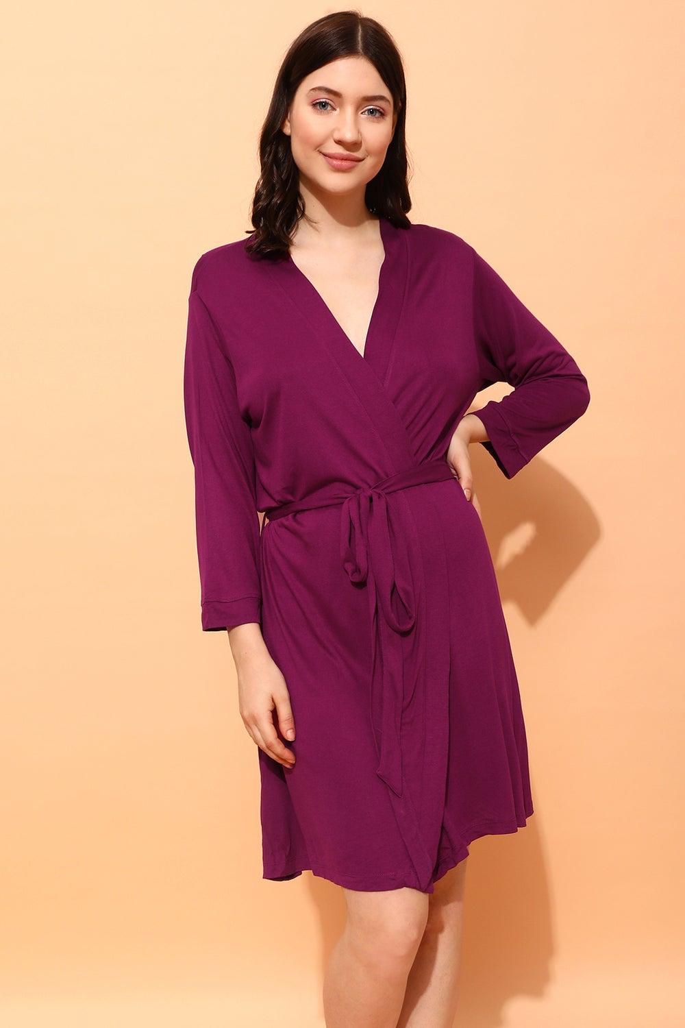 Clovia NS1476P15 Wine Viscose Chic Lounge Robe - Image 1