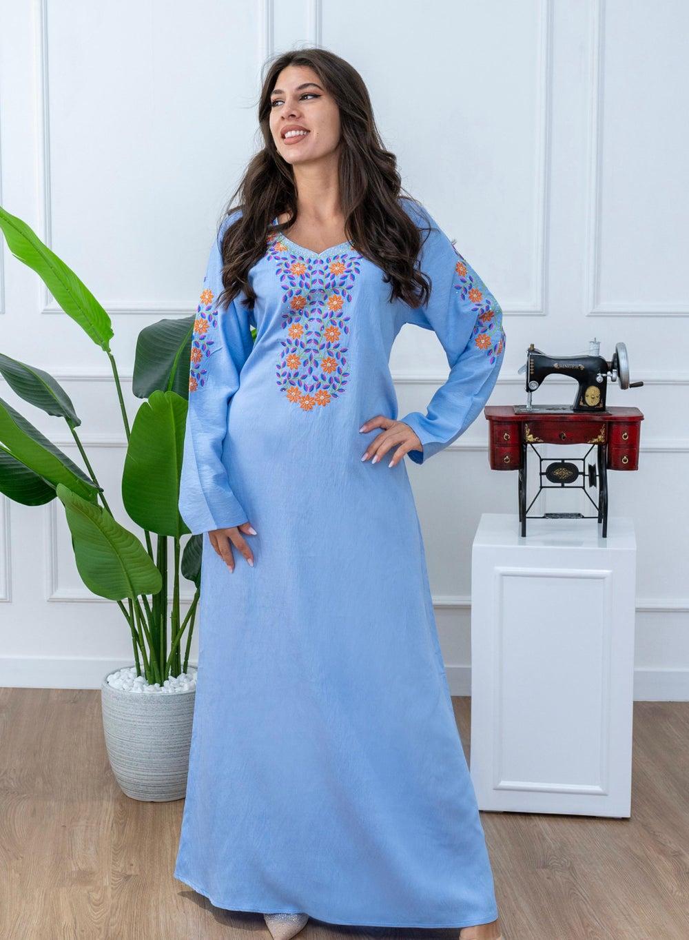 Mukhawar Sky Blue Embroidered Arabian Maxi Dress - Image 1