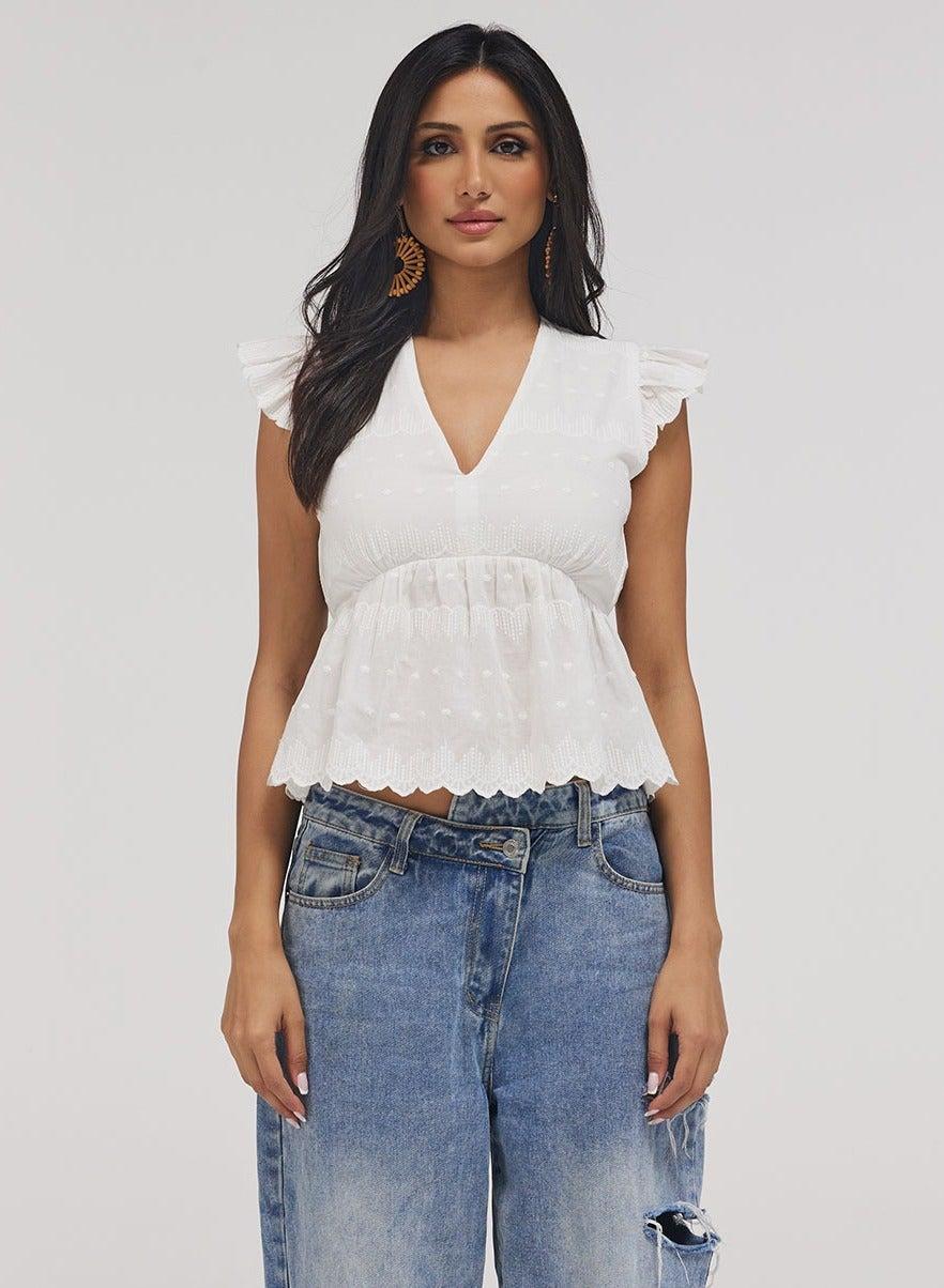 White Deep Cutwork Peplum Cotton Top - Image 1