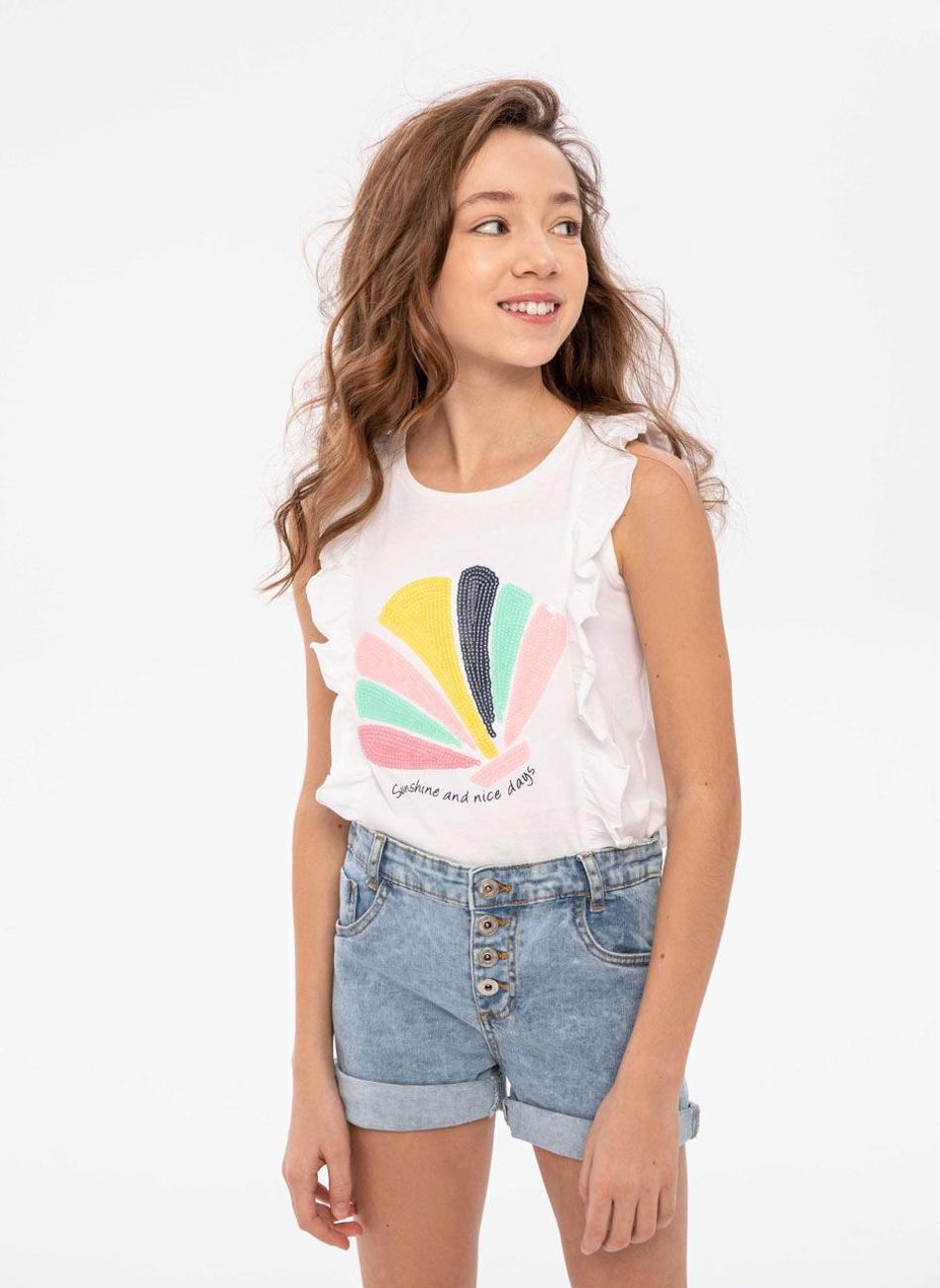 Girls Navy Denim Shorts with Neon Sequin Pocket - Image 1