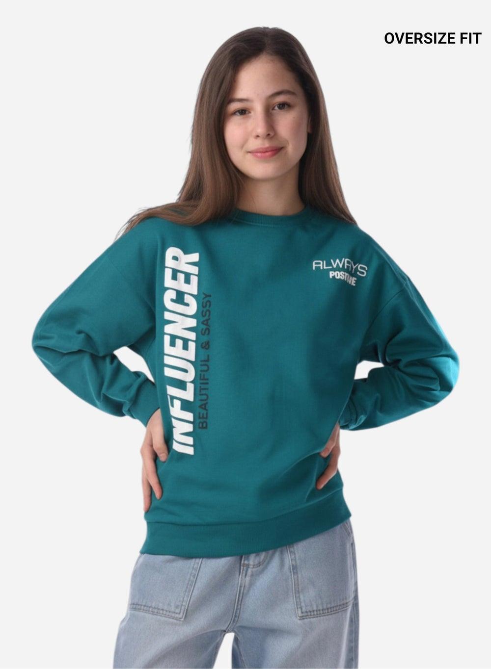 Girls Graphic Print Oversized Cotton Pullover Sweatshirt - Image 1