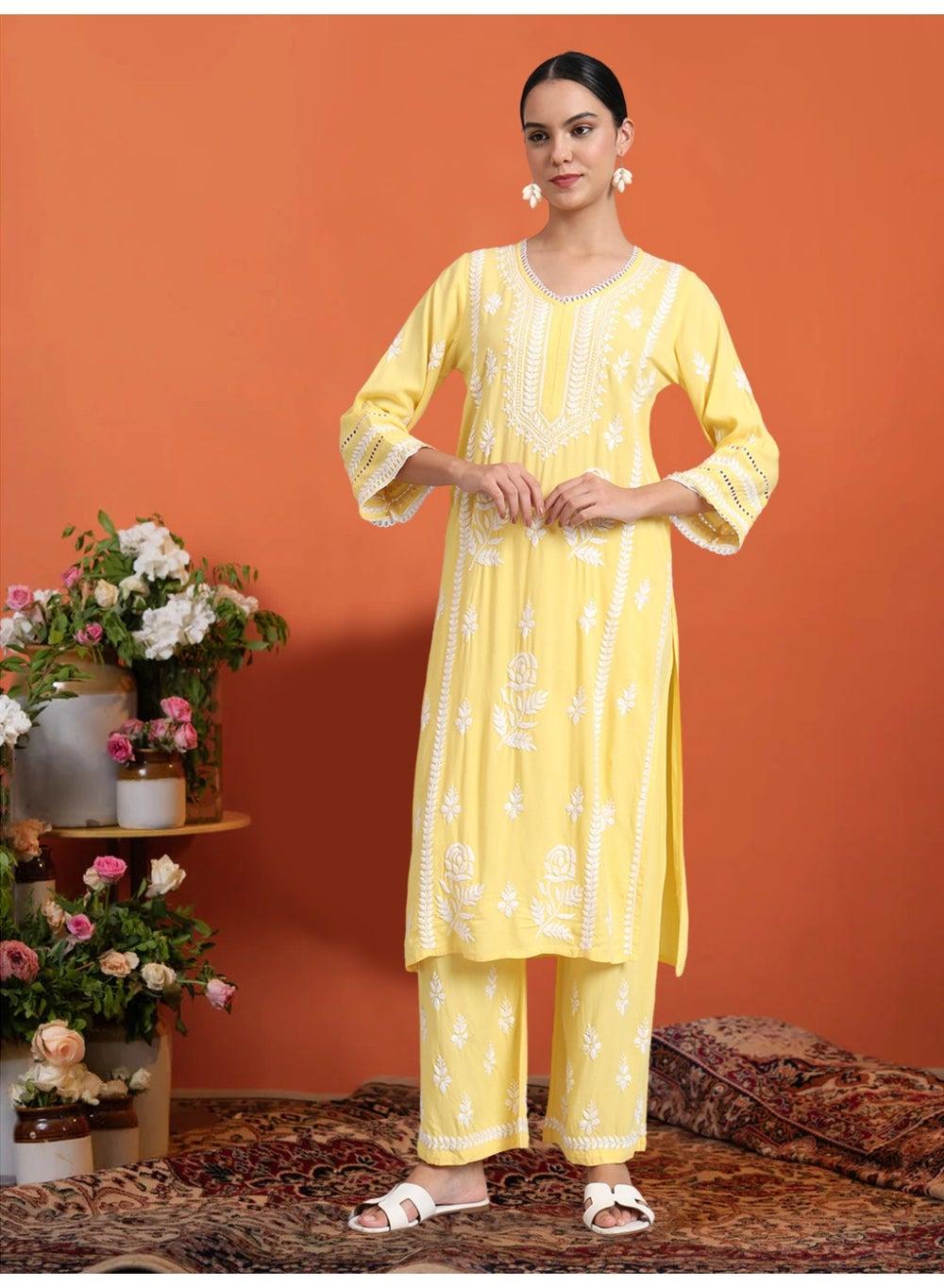Lucknowi Chikankari Rayon Kurta Set AL4078KS Mustard - Image 1
